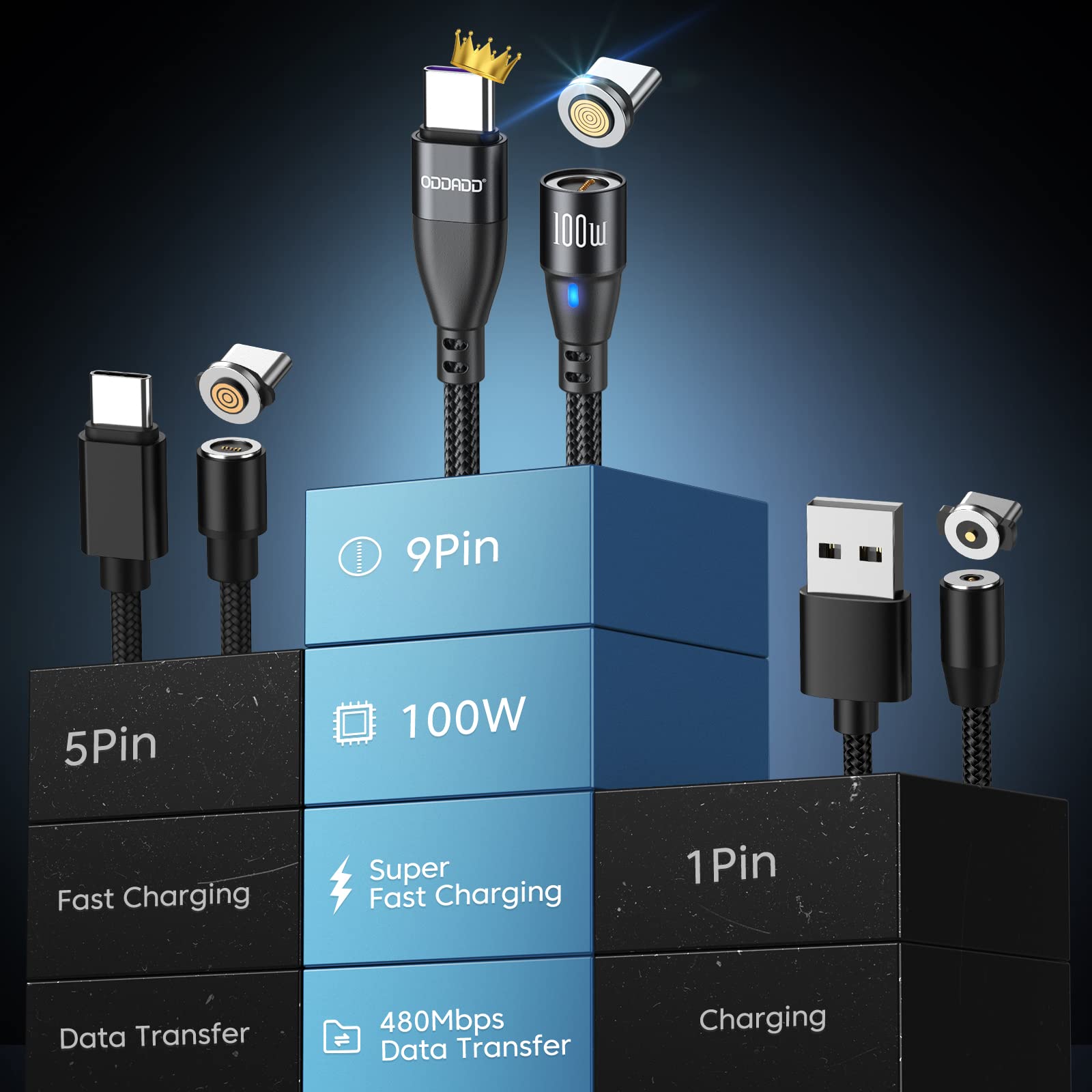 Oddadd 100W Usb C Magnetic Charging Cable 2Pack(3.3Ft+6Ft), 6 In 1 Magnetic Fast Charging Cable, Magnetic Usb C Charging Cable Compatible With Micro Usb, Type C And All Devices